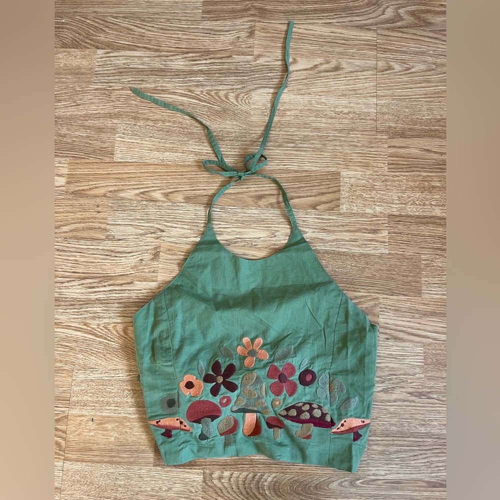 Flowers Mushrooms Floral Green Halter Tie Neck + Back Top